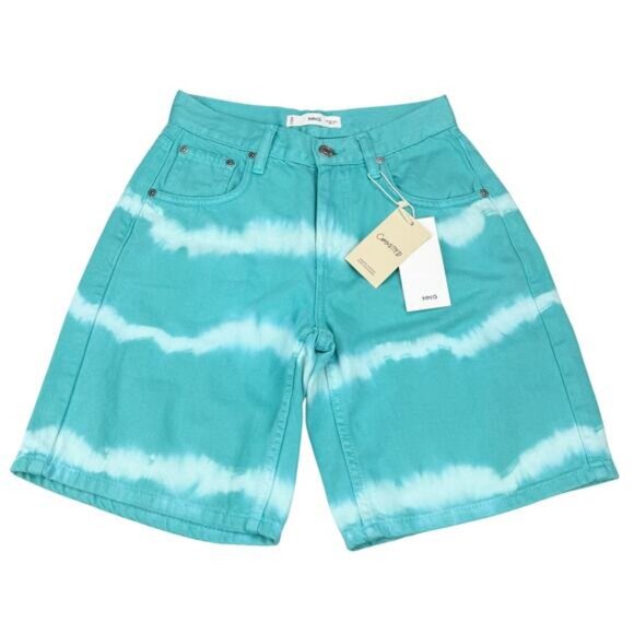 NWT MANGO Tie-Dye Print Straight Low Waist Denim Short Womens Size XXS Turquoise - Picture 3 of 6